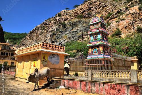View of the main monuments and tourist spots in Jaipur (India), in the state of Rajasthan. Galta Temple or Temple of the Monkeys or Galtaji (18th century)