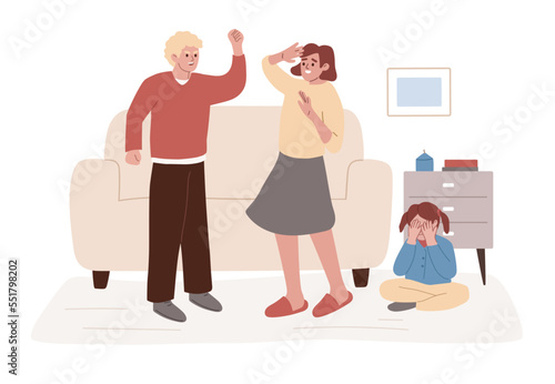 Domestic violence concept. Abusive relationship. Angry man is taking swing at the woman. Husband hitting wife in front of child. Parents arguing, yelling. Crying kid. Flat cartoon vector illustration.