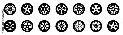 Black rubber wheel tire set. Wheel tires. Car tire tread tracks, motorcycle racing wheels and dirty tires track. Tyres road maintenance vector automobile. Auto wheel tyre. Vector illustration