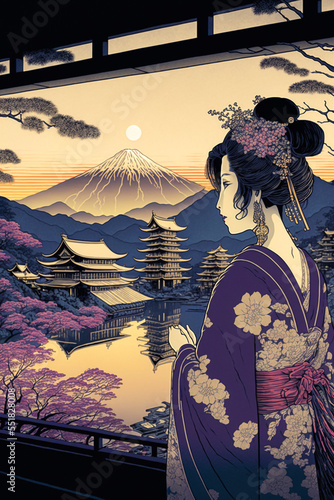 Abstract painting concept. Colorful art of a Japanese geisha woman with Mount Fuji in ukiyo-e style. Digital art image.