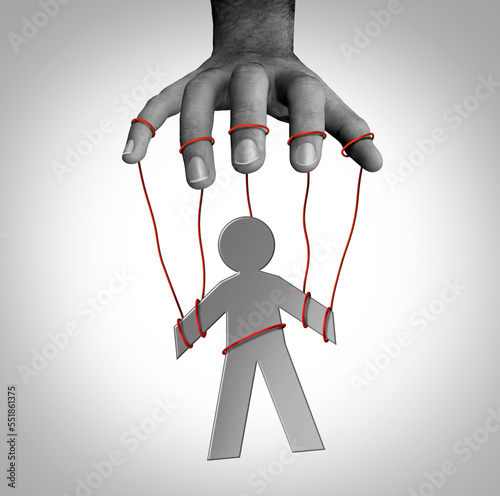 Manipulator concept and puppet master symbol as a person on strings controlled or manipulates and is gaslighting for exploitation or domination as psychological abuse