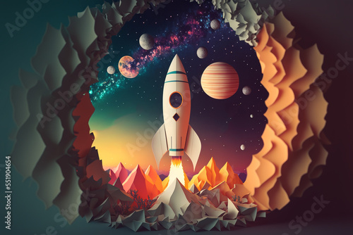 paper art style illustration of space rocket with galaxy background