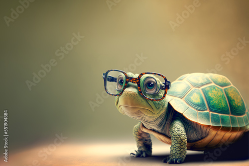 Cute little green turtle with glasses in front of studio background. Generative AI.