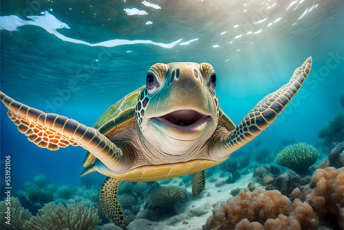 Portrait of a happy sea turtle swimming underwater. Generative AI.