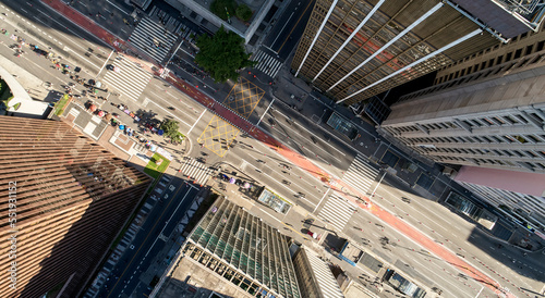 Aerial view of Avenida Paulista near the Conjunto Nacional building in Sao Paulo city, Brazil.