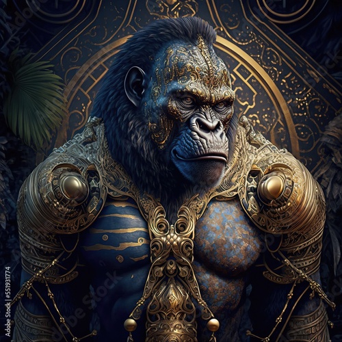 portrait of a humanoid gorilla in human war outfit