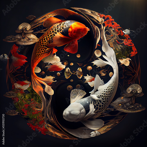 Koi fishes in a incredible yin yang shape color, black and white