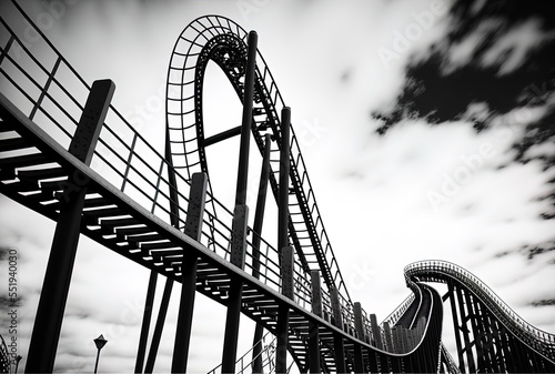 Rails from a roller coaster are shown in a low perspective against a background of white sky. Generative AI