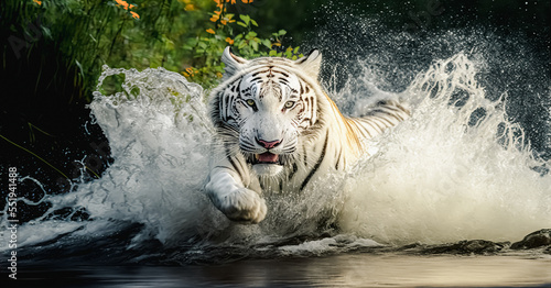 White siberian tiger runs on water, in forest. Dangerous animal. Animal in a green forest stream.