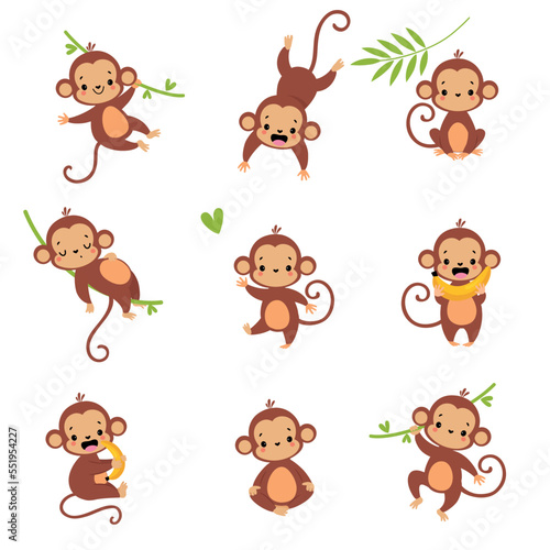 Cute Playful Monkey with Long Tail Hanging on Liana with Banana Vector Set