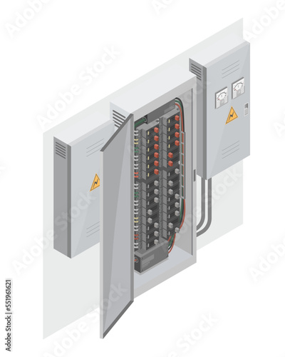 Electricity controller box power technicians service maintenance isometric isolated vector