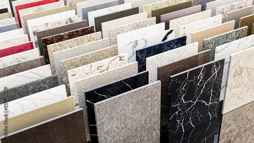 Color sample quartz tiles for floors, backsplash and showers