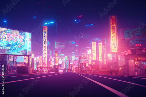 Fantasy Japanese night view city citycape, neon light, residential skyscraper buildings