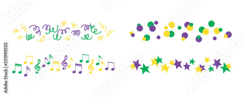 Set of festive border lines for festival, masquerade and Mardi Gras carnival. Colorful patterns - stars, music notes, serpentine and confetti. Shrove Tuesday, Fat Tuesday, celebration march parade.