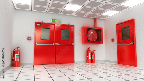 Fire exit door, exit sign, emergency fire button, extinguishers and fire cabinet. 3D illustration