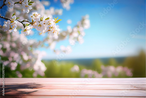 blossoming sakura cherry tree background with empty wooden table for product display, spring nature blurred background, copy space
