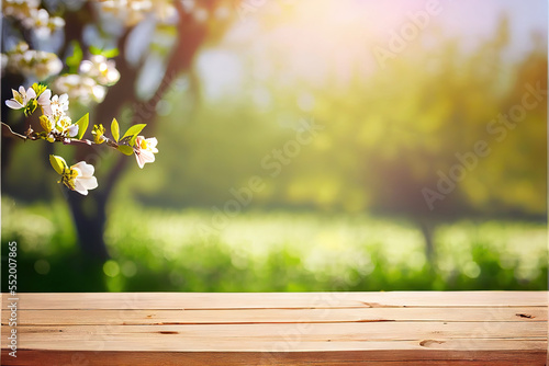 beautiful spring green meadow background with empty wooden table for product display, nature blurred background, copy space