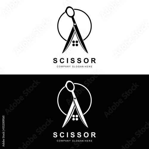 Scissors Logo Design, Vector Illustration Cutting Tool Icon Sticker Banner And Barber Company Brand