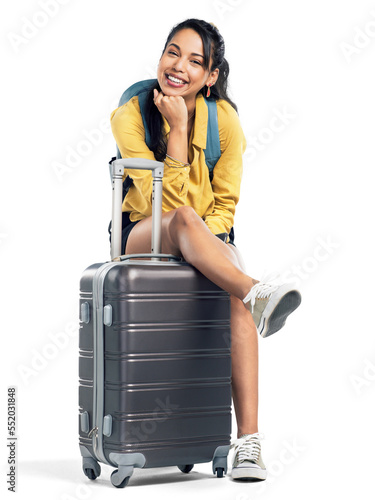 PNG Shot of a young woman sitting on her suitcase