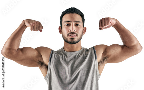 PNG studio portrait of a muscular young man flexing his biceps