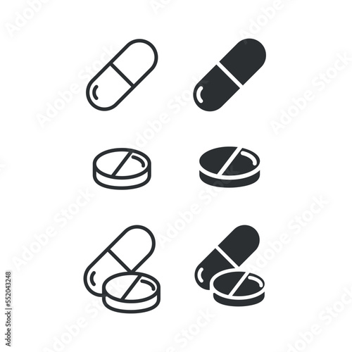 Pills icon set. Tablets pharmaceutical illustration symbol. Sign capsule vector flat.