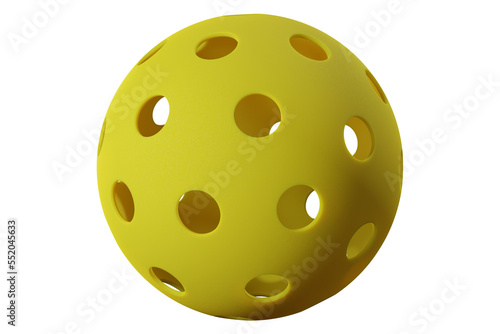 Yellow pickleball with holes. Close-up png transparent 3d rendering.