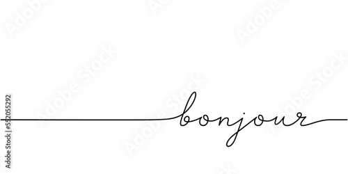 Bonjour word - continuous one line with word. Minimalistic drawing of phrase illustration.