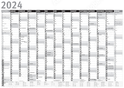 Kalender 2024 (Dezember 2023 bis Januar 2025) mit Ferien s/w