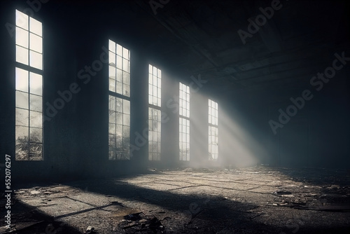 A old warehouse interior. Muted blue tones. Abandoned post war construction. Rubble, mist, dirt and debris. Warehouse set 2