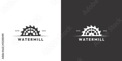 Retro vintage millwheel watermill logo vector design template, mill and water illustration