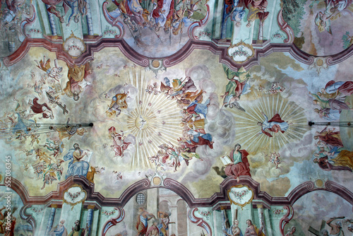 Painted vault over the church nave with depictions of Christ's Passion and Glory, fresco in the parish church of Our Lady of the Snow in Kutina, Croatia