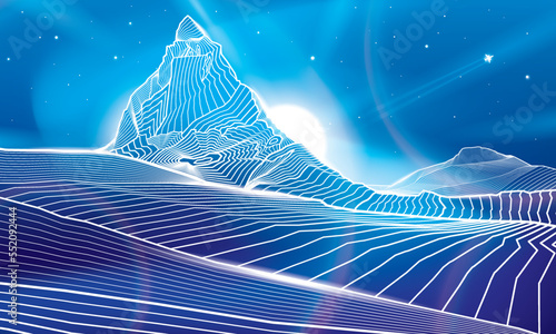 Matterhorn mountain. Neon glow illumination image. Snow peaks. Night landscape. White outlines illustration. Vector design art 