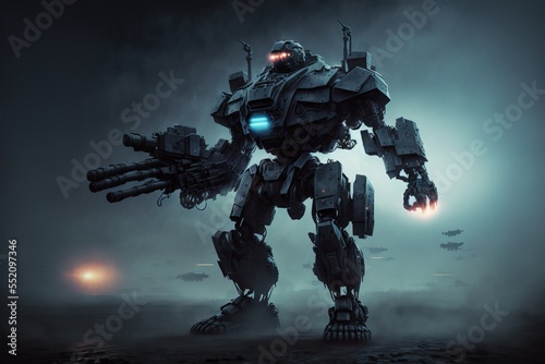 3d illustration of a night combat scene of a sci-fi mech standing in the fog in an attacking pose with assault gun on a dark background. Military attack aircraft robot with tank metal armor