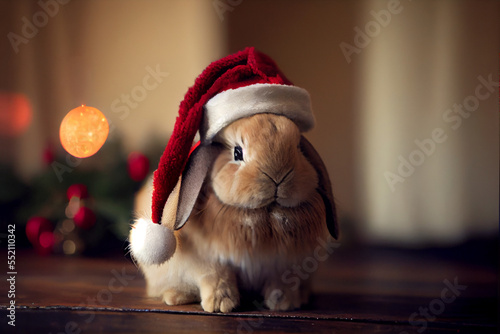 Adorable Baby Bunny Wearing Santa's Hat. Generative AI 