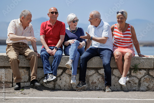 gruppo di anziani amici seduti nel muretto di un porto di mare, si rilassano chiacchierando felici.