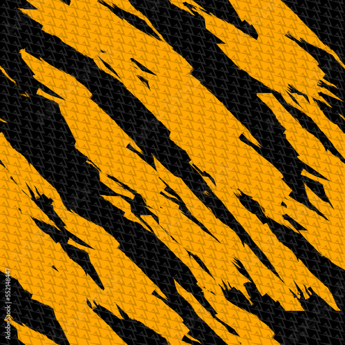 Abstract seamless grunge pattern with brush track black and yellow background. Dangerous repeat ornament. Grungy textured repeated print for sport textile, boy clothes, wrapping paper.