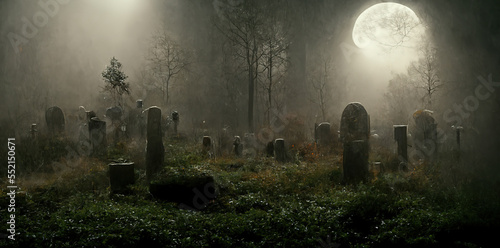Spooky cemetery landscape with old tombstones and fog. Full moon spooky horror landscape.