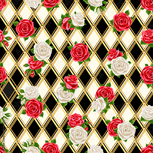 Wonderland seamless pattern. red and white roses on chess checkered background. Texture for fabric, wrapping, wallpaper. Decorative print. Vector illustration