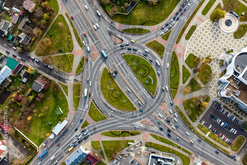 aerial view of road interchange or highway intersection. Junction network of transportation taken by drone.