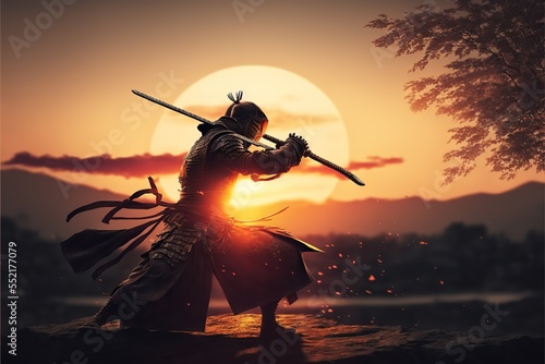 Alone samurai against the sunset, fully equipped with a katana. Pre-fight training. Falling sakura flowers and a samurai against the background of a sunset with a sword in his hands. Generative AI