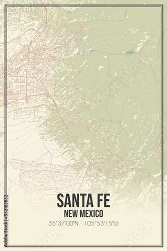 Retro US city map of Santa Fe, New Mexico. Vintage street map.