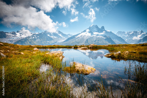 A panoramic view of a large mountain range and the top of Mont Blanc. Graian Alps, France, Europe.