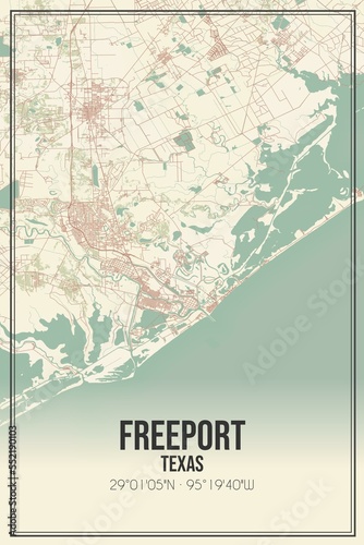 Retro US city map of Freeport, Texas. Vintage street map.
