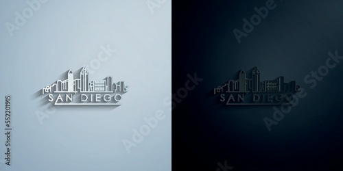 Linear san diego city silhouette with typographic paper icon with shadow vector illustration