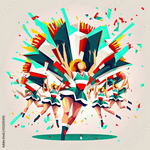 Cheerleader Girls, Cheerleading teams, Cheerleader girls with pompoms. Dancing to support football team during competition, High school cheerleading, flat illustration design