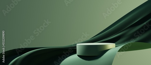 Green podium display with satin wave curtain on green background. Empty pedestal for natural cosmetics products presentation, 3d rendering.