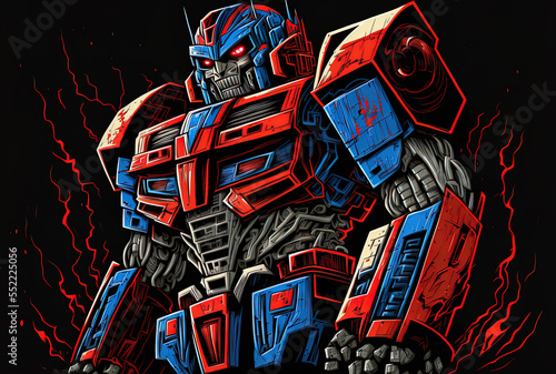 Red and blue robot transformer against a black backdrop. Generative AI