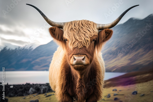 Low-angle view of a fluffy highland cow with long horns; a mountain is out of focus in the distance. Generative AI