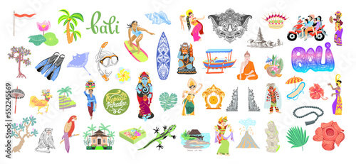 Mega set of 50 traditional symbols bali island Indonesia, balinese flat design vector illustration collection.
