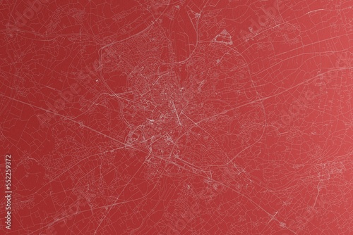 Map of the streets of Gent (Belgium) made with white lines on red paper. Top view, rough background. 3d render, illustration
